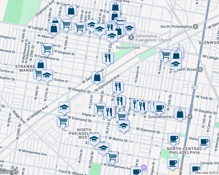 map of restaurants, bars, coffee shops, grocery stores, and more near 2340 North Van Pelt Street in Philadelphia