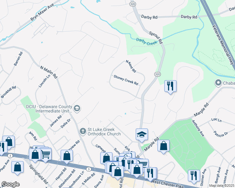 map of restaurants, bars, coffee shops, grocery stores, and more near 2728 North Kent Road in Broomall