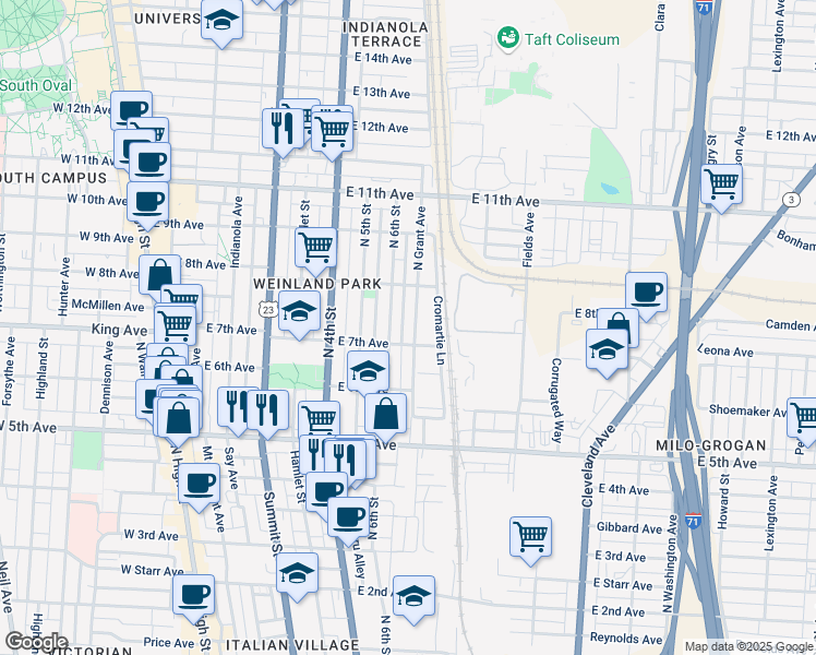 map of restaurants, bars, coffee shops, grocery stores, and more near 1295 North Grant Avenue in Columbus