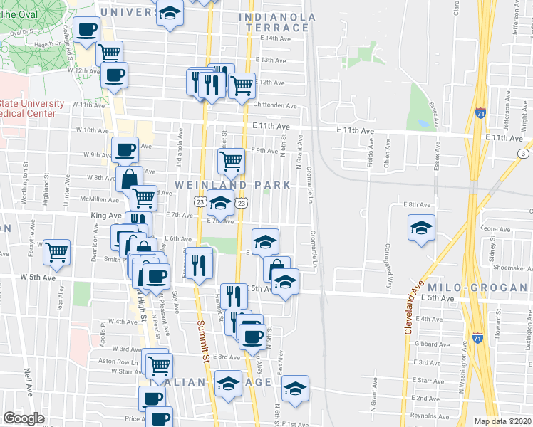 map of restaurants, bars, coffee shops, grocery stores, and more near 1312 North 5th Street in Columbus