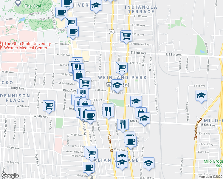 map of restaurants, bars, coffee shops, grocery stores, and more near 188 East 7th Avenue in Columbus