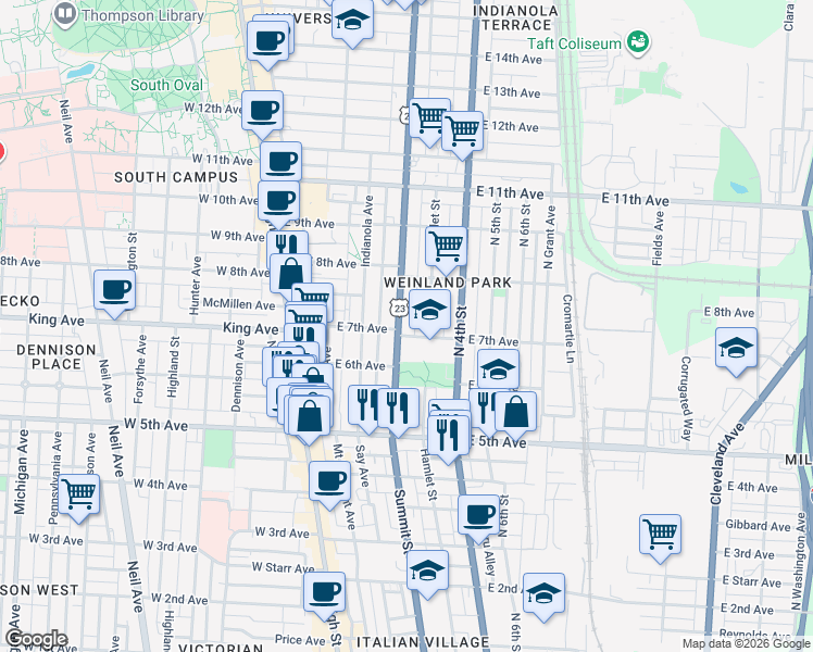map of restaurants, bars, coffee shops, grocery stores, and more near 186 East 7th Avenue in Columbus