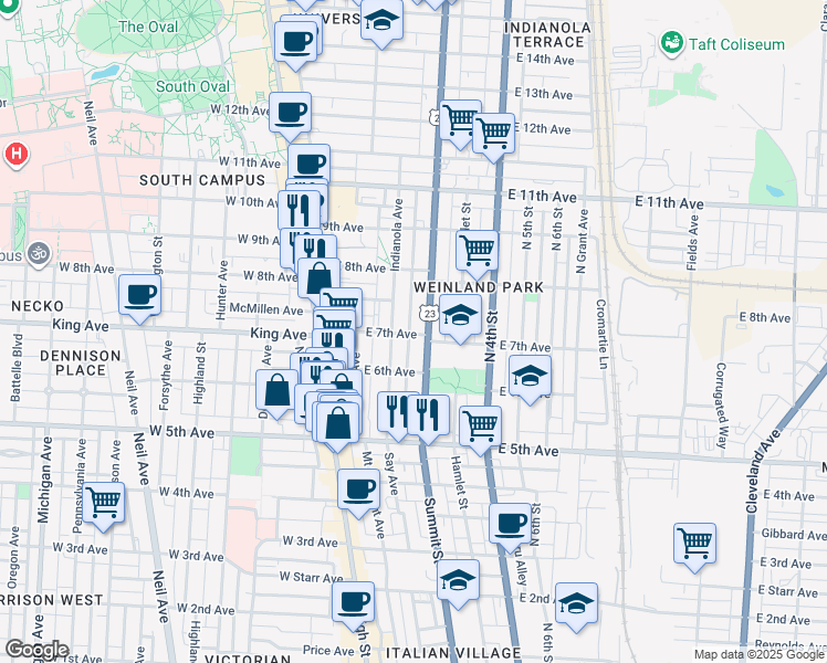 map of restaurants, bars, coffee shops, grocery stores, and more near 29 Frances Place in Columbus