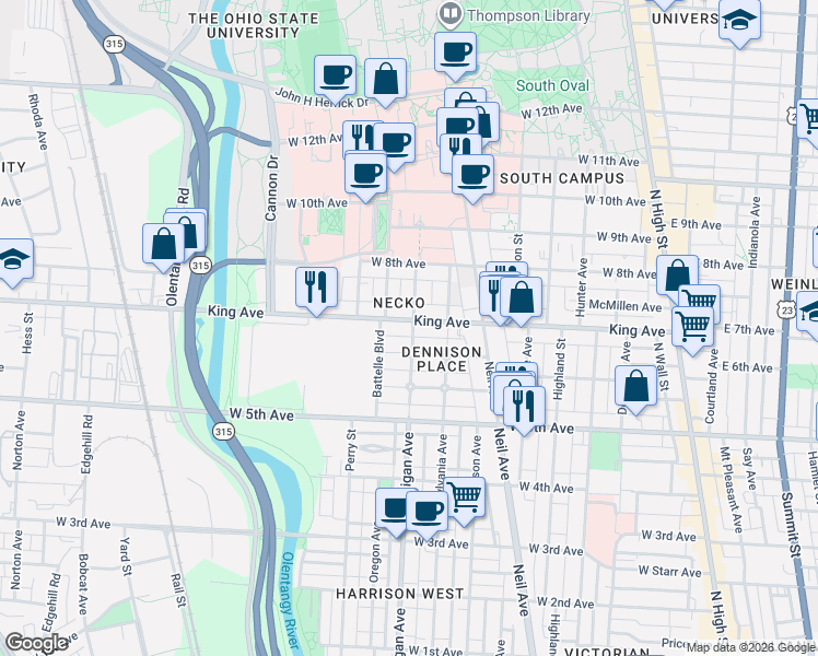 map of restaurants, bars, coffee shops, grocery stores, and more near 1412 Michigan Avenue in Columbus