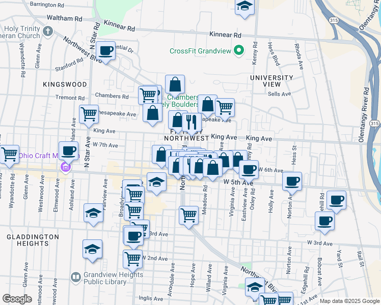map of restaurants, bars, coffee shops, grocery stores, and more near 1247 West 6th Avenue in Columbus