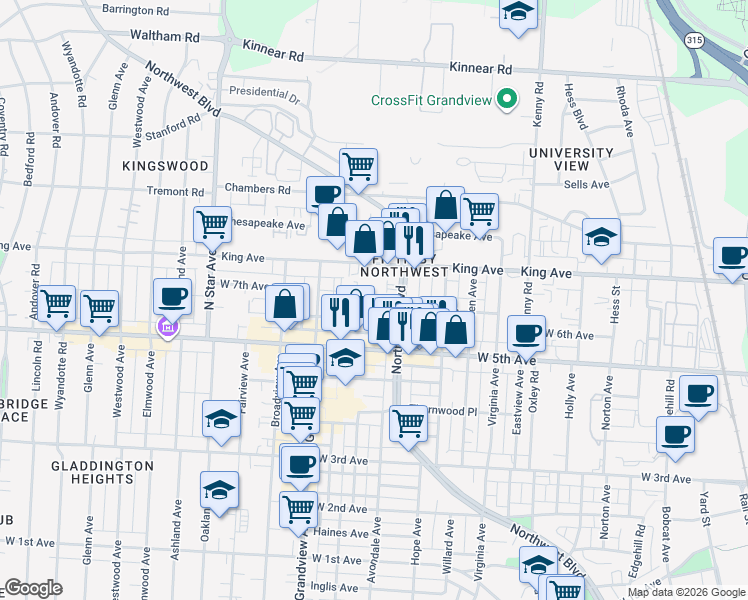 map of restaurants, bars, coffee shops, grocery stores, and more near 1312 West 6th Avenue in Columbus