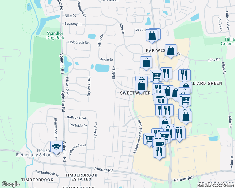 map of restaurants, bars, coffee shops, grocery stores, and more near 1901 Ridgebury Drive in Hilliard
