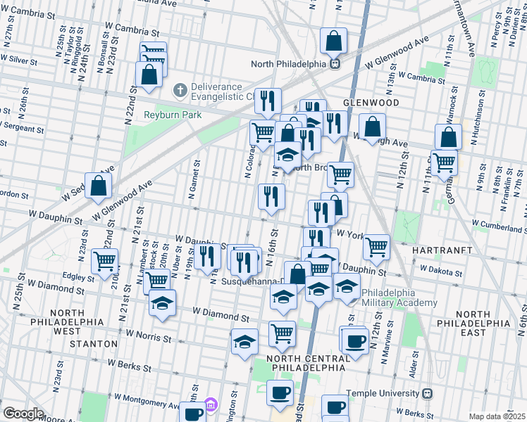 map of restaurants, bars, coffee shops, grocery stores, and more near 2417 North Chadwick Street in Philadelphia