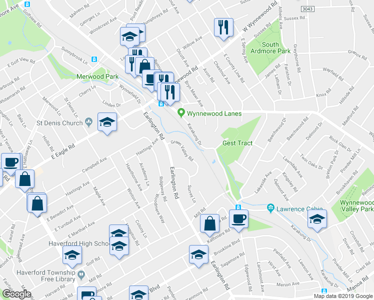 map of restaurants, bars, coffee shops, grocery stores, and more near 1733 Green Valley Road in Havertown