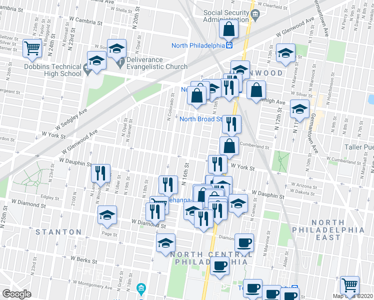 map of restaurants, bars, coffee shops, grocery stores, and more near 2418 North 16th Street in Philadelphia