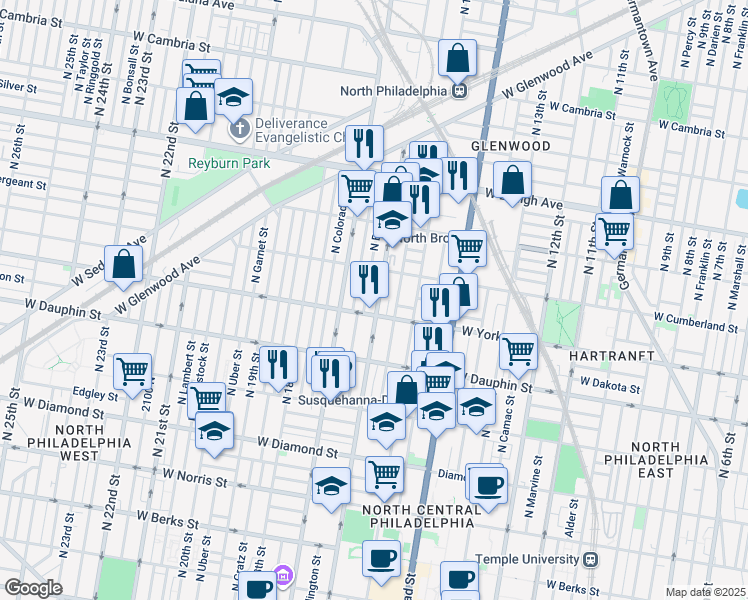 map of restaurants, bars, coffee shops, grocery stores, and more near 2418 North 16th Street in Philadelphia