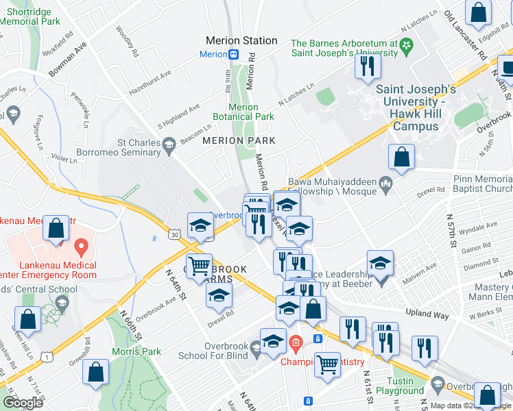 map of restaurants, bars, coffee shops, grocery stores, and more near 6103 City Avenue in Merion Station