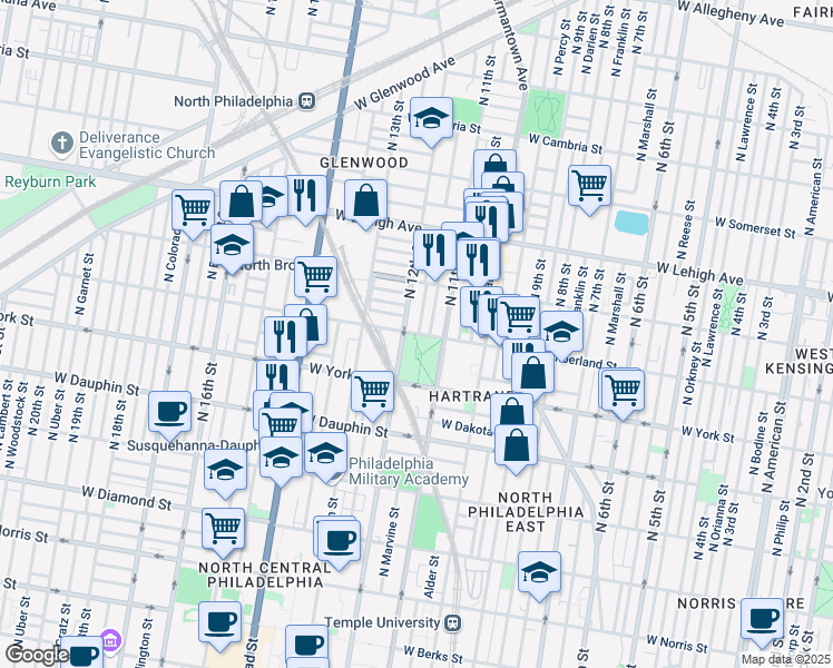 map of restaurants, bars, coffee shops, grocery stores, and more near 1131 West Cumberland Street in Philadelphia