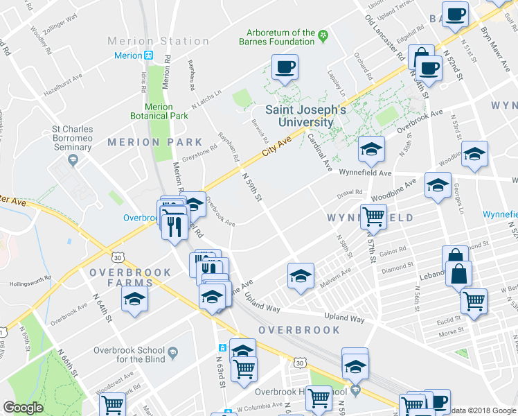 map of restaurants, bars, coffee shops, grocery stores, and more near 5901 Overbrook Avenue in Philadelphia