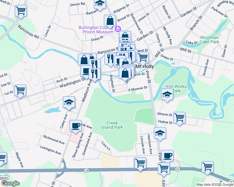 map of restaurants, bars, coffee shops, grocery stores, and more near 36 West Monroe Street in Mount Holly