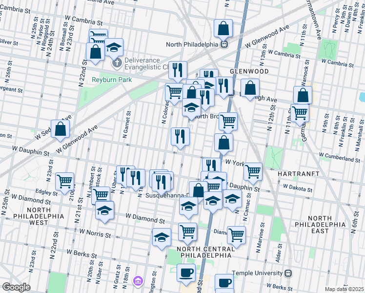 map of restaurants, bars, coffee shops, grocery stores, and more near 2404 North 16th Street in Philadelphia