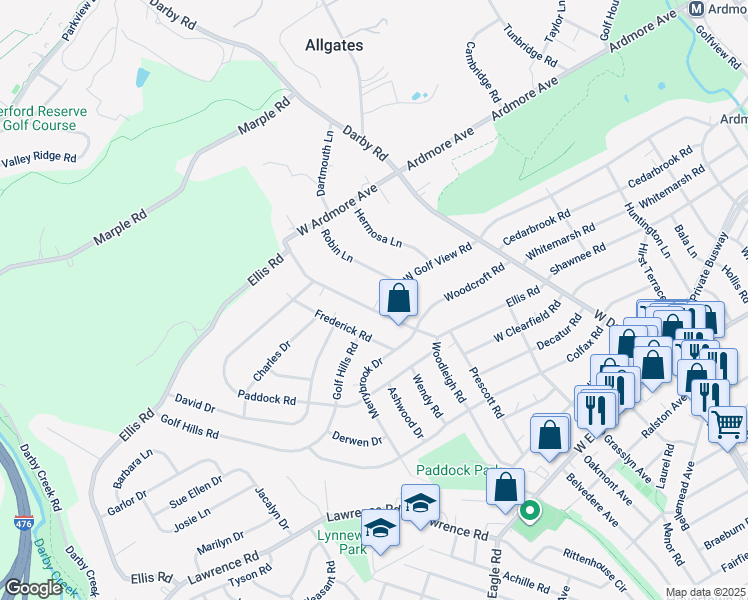 map of restaurants, bars, coffee shops, grocery stores, and more near 220 Ellis Road in Havertown