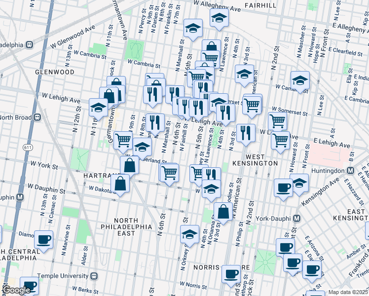 map of restaurants, bars, coffee shops, grocery stores, and more near 2561 North Fairhill Street in Philadelphia