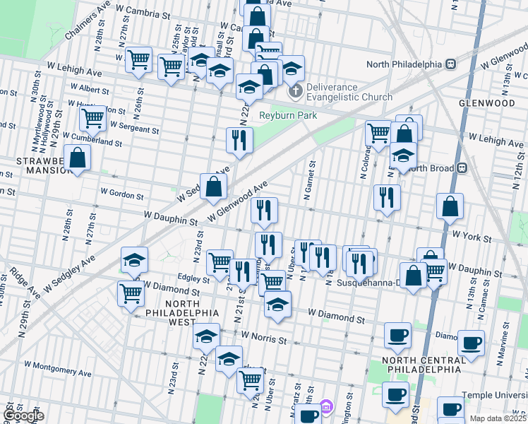 map of restaurants, bars, coffee shops, grocery stores, and more near 2346 North Lambert Street in Philadelphia
