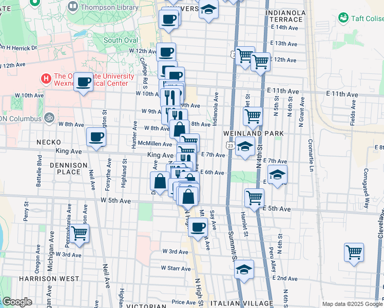 map of restaurants, bars, coffee shops, grocery stores, and more near 1374 North High Street in Columbus