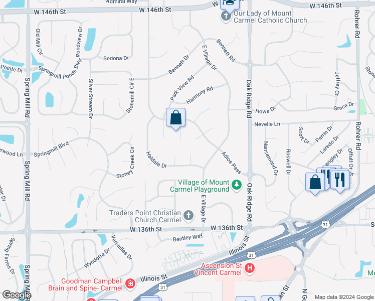 map of restaurants, bars, coffee shops, grocery stores, and more near 447 Dream Court in Carmel