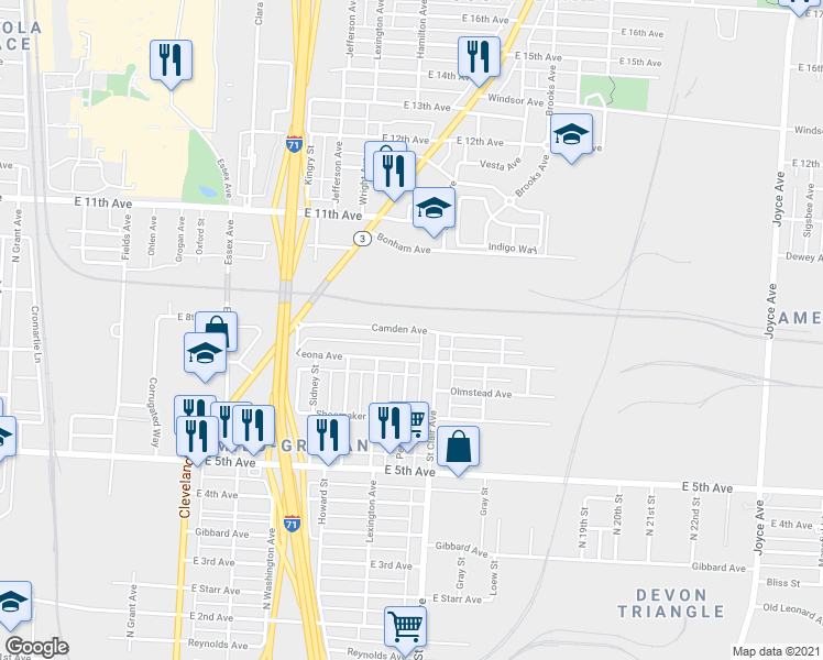 map of restaurants, bars, coffee shops, grocery stores, and more near 800 Camden Avenue in Columbus