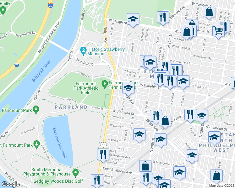 map of restaurants, bars, coffee shops, grocery stores, and more near 3225 West Susquehanna Avenue in Philadelphia
