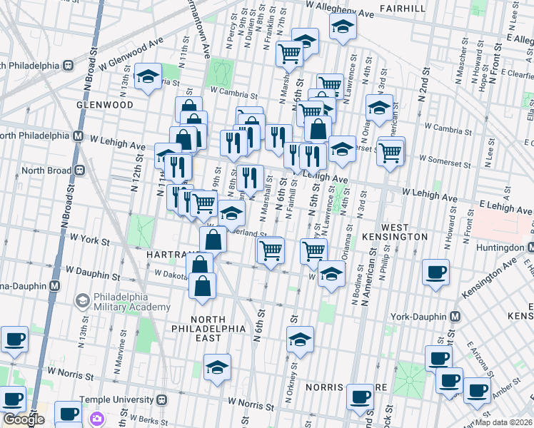 map of restaurants, bars, coffee shops, grocery stores, and more near 2517 North 7th Street in Philadelphia