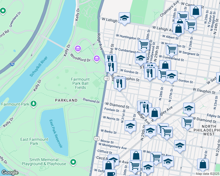 map of restaurants, bars, coffee shops, grocery stores, and more near 3225 West Susquehanna Avenue in Philadelphia