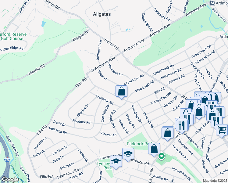 map of restaurants, bars, coffee shops, grocery stores, and more near 220 Ellis Road in Havertown