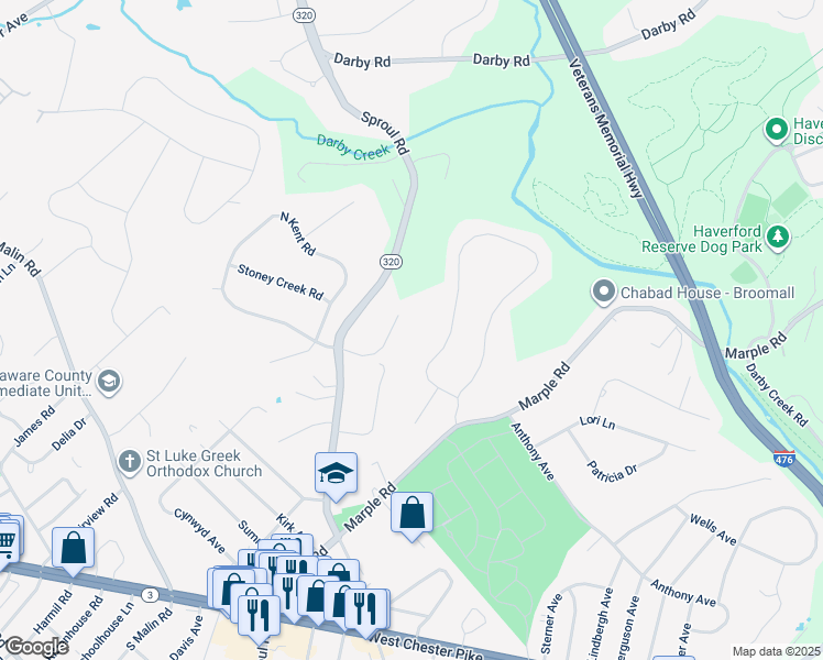 map of restaurants, bars, coffee shops, grocery stores, and more near 341 Kent Road in Broomall