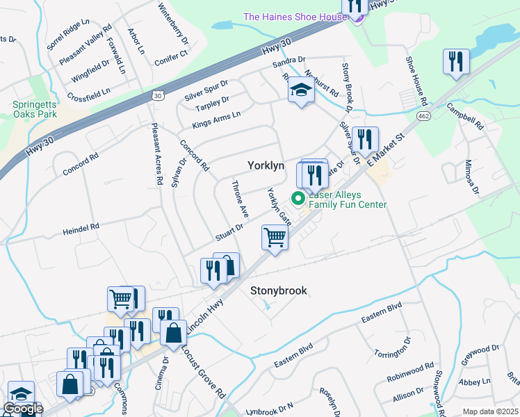 map of restaurants, bars, coffee shops, grocery stores, and more near 3835 Stuart Drive in York