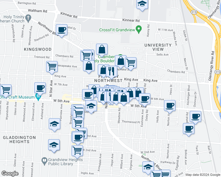 map of restaurants, bars, coffee shops, grocery stores, and more near 1566 Northwest Boulevard in Columbus