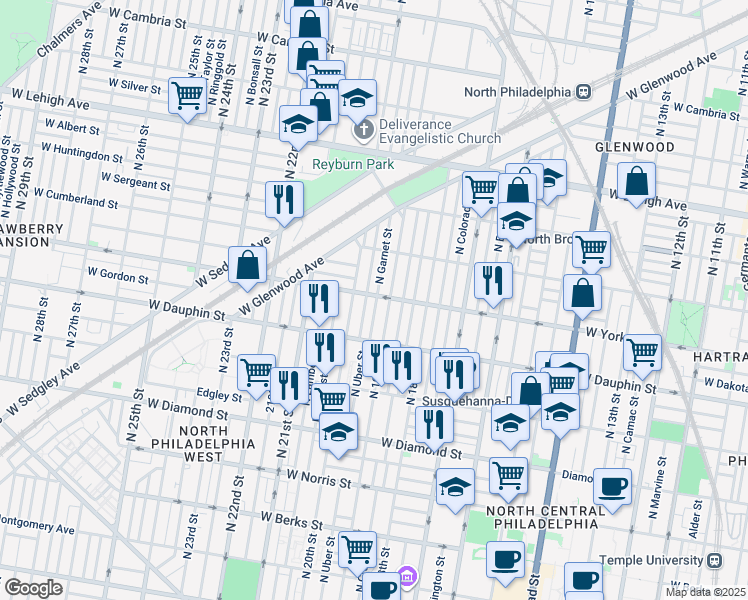 map of restaurants, bars, coffee shops, grocery stores, and more near 1920 West York Street in Philadelphia