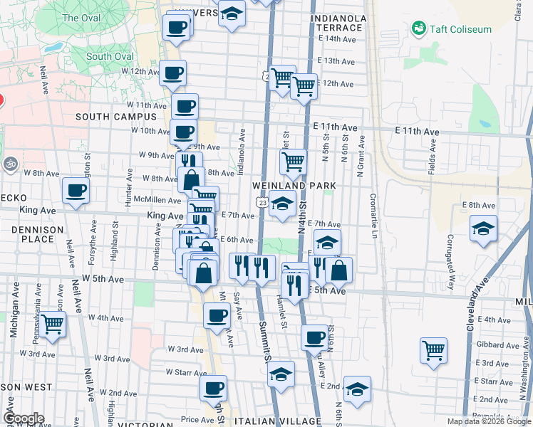 map of restaurants, bars, coffee shops, grocery stores, and more near 186 East 7th Avenue in Columbus