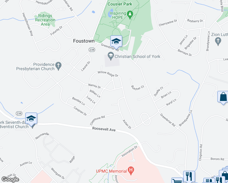 map of restaurants, bars, coffee shops, grocery stores, and more near 2121 Narnia Drive in York