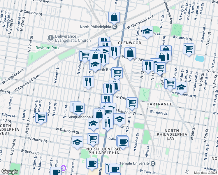 map of restaurants, bars, coffee shops, grocery stores, and more near 2431 North Carlisle Street in Philadelphia