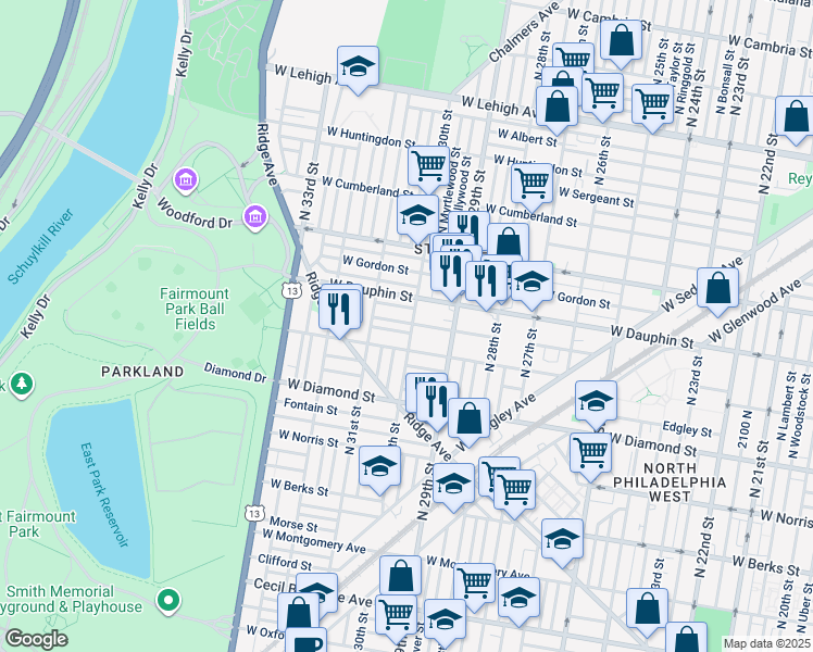 map of restaurants, bars, coffee shops, grocery stores, and more near 2224 North 30th Street in Philadelphia
