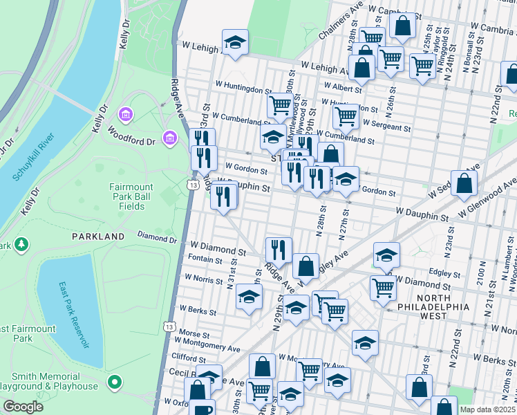 map of restaurants, bars, coffee shops, grocery stores, and more near 3021 West Colona Street in Philadelphia