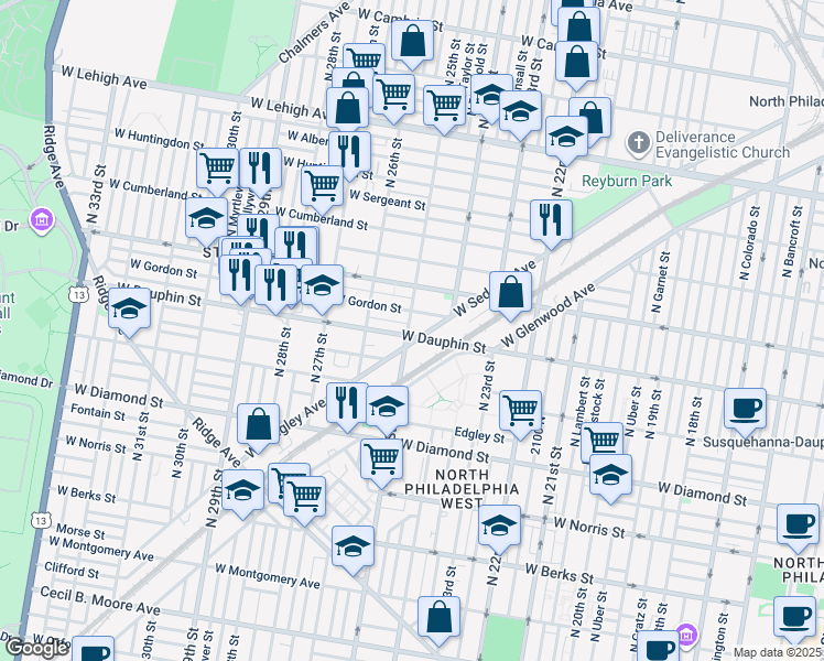 map of restaurants, bars, coffee shops, grocery stores, and more near 2307 North 25th Street in Philadelphia