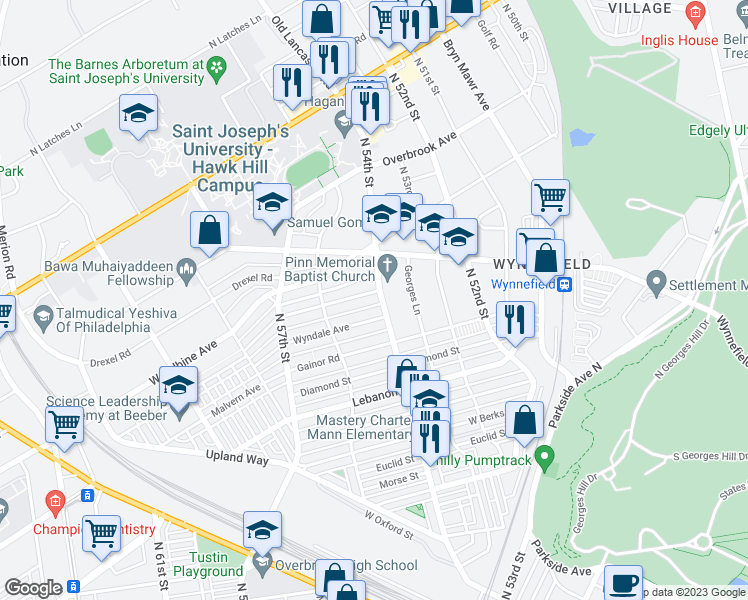 map of restaurants, bars, coffee shops, grocery stores, and more near 5402 Woodcrest Avenue in Philadelphia