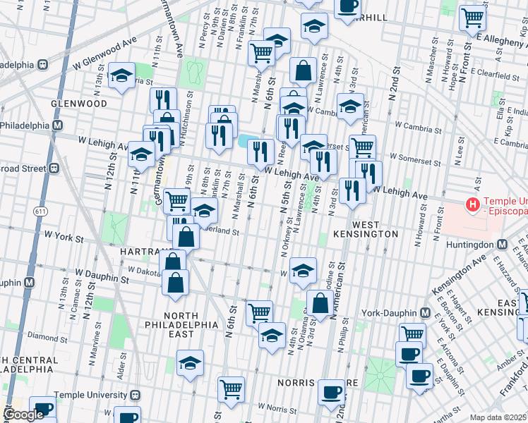 map of restaurants, bars, coffee shops, grocery stores, and more near 2561 North Fairhill Street in Philadelphia