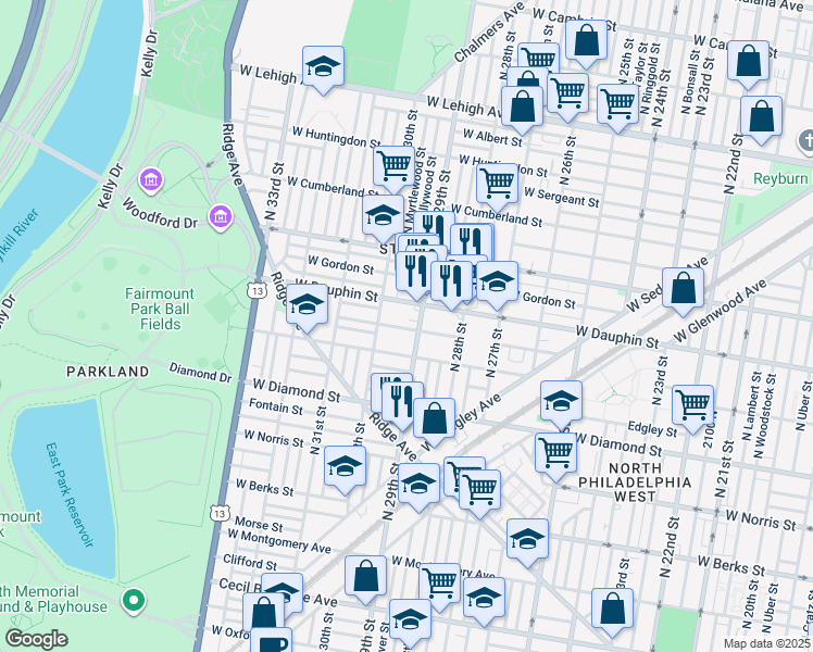 map of restaurants, bars, coffee shops, grocery stores, and more near 2908 West Nevada Street in Philadelphia