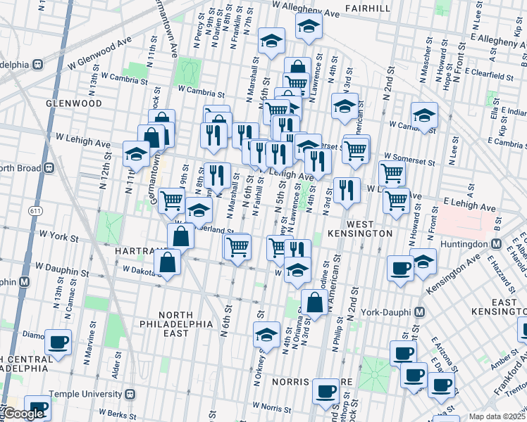 map of restaurants, bars, coffee shops, grocery stores, and more near 2562 North Reese Street in Philadelphia