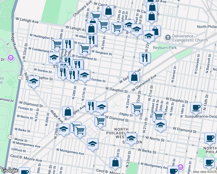 map of restaurants, bars, coffee shops, grocery stores, and more near 2307 North 25th Street in Philadelphia