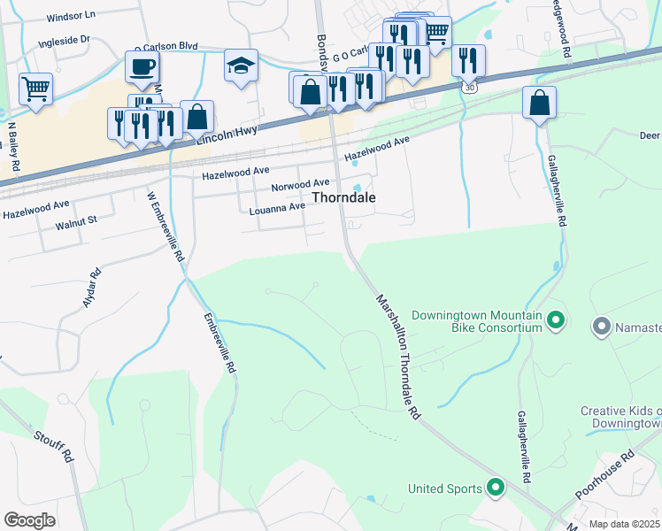 map of restaurants, bars, coffee shops, grocery stores, and more near 1533 Red Rock Drive in Downingtown