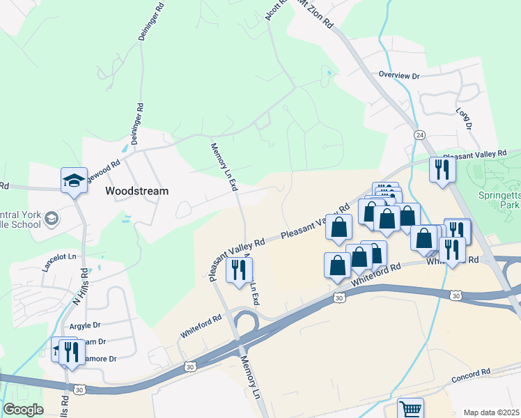 map of restaurants, bars, coffee shops, grocery stores, and more near 1737 Memory Lane in York
