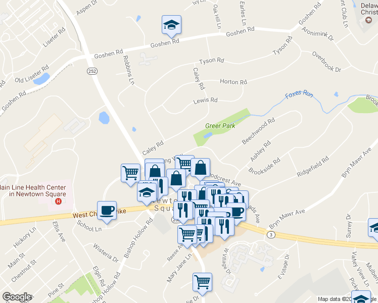 map of restaurants, bars, coffee shops, grocery stores, and more near 3558 Winding Way in Newtown Square