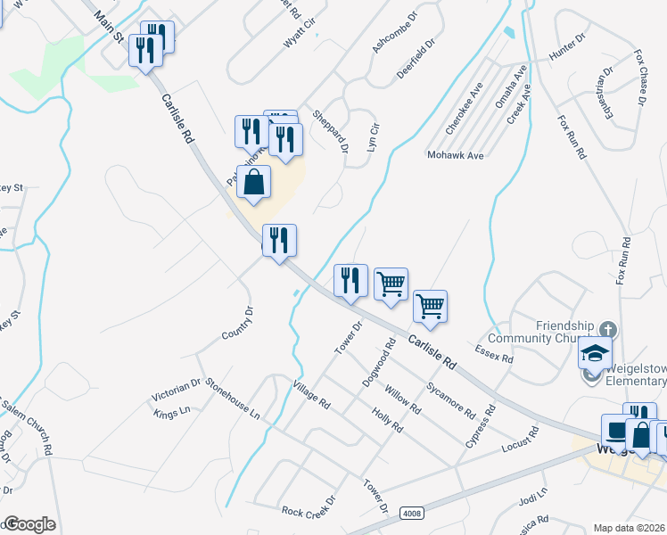 map of restaurants, bars, coffee shops, grocery stores, and more near 3785 Madison Avenue in Dover