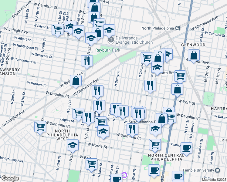 map of restaurants, bars, coffee shops, grocery stores, and more near 1920 West York Street in Philadelphia